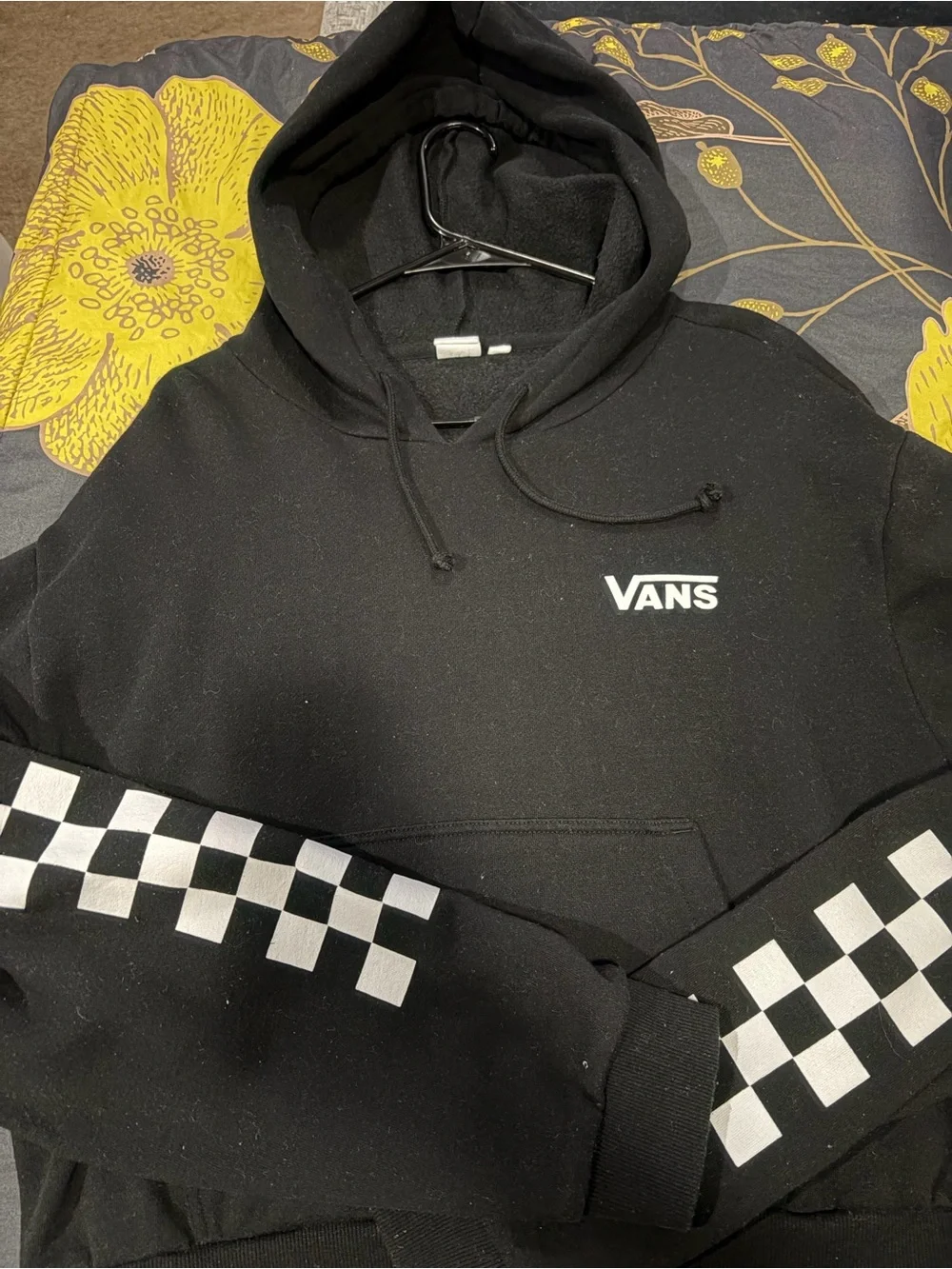 Vans Black Hoodie with White Checkerboard Sleeve Detail - Picture 1 of 5